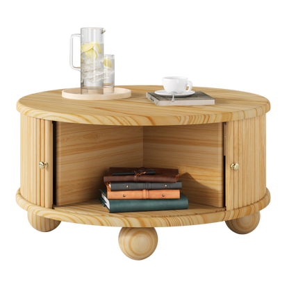 Round Fluted Coffee Table with Storage, Pine Solid Wood, Sliding Door, Natural, 31.8" image 9