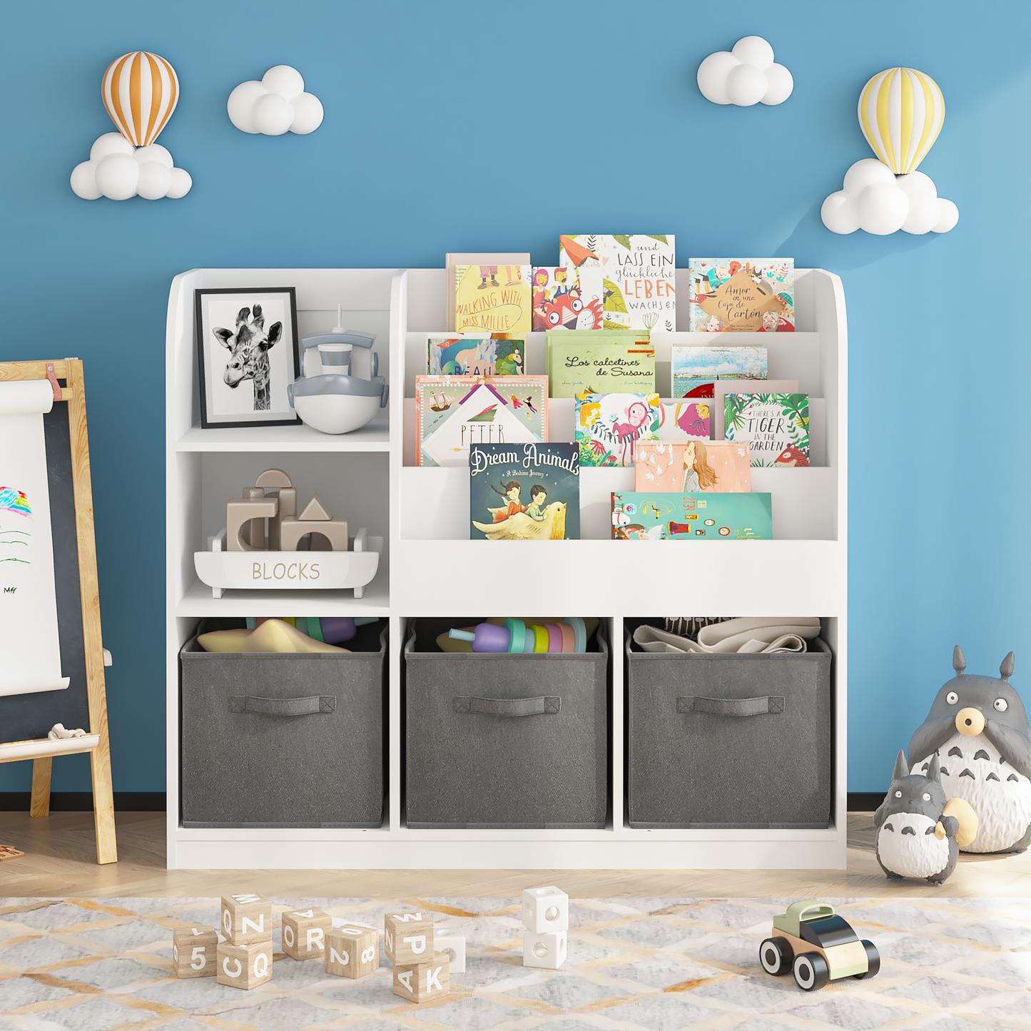 Kids Bookcase and Bookshelf, Multifunctional Bookcase with 3 Collapsible Fabric Drawers, Bookcase Display Stand, Toy Storage Organizer for Bedroom, Playroom, Hallway (White/Gray) image 10