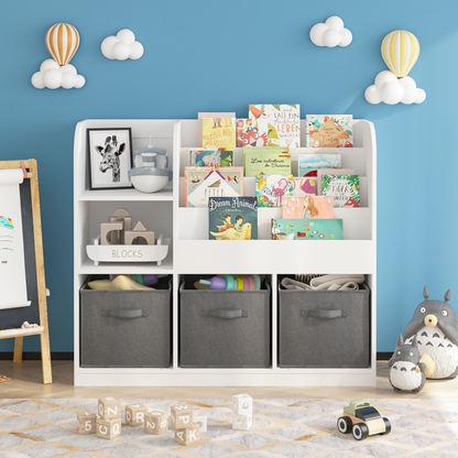 Kids Bookcase and Bookshelf, Multifunctional Bookcase with 3 Collapsible Fabric Drawers, Bookcase Display Stand, Toy Storage Organizer for Bedroom, Playroom, Hallway (White/Gray) image 10