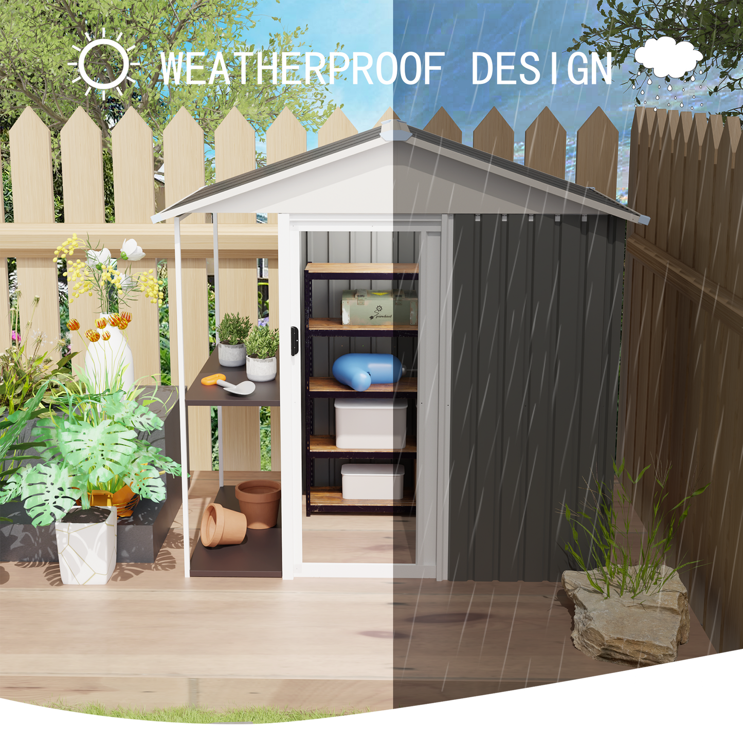 6 x 4 FT Outdoor Storage Shed with Rack Metal Garden Shed with Storage Shelves Bike Storage Tool Cabinet Box for Lawn Backyard Patio Use image 2