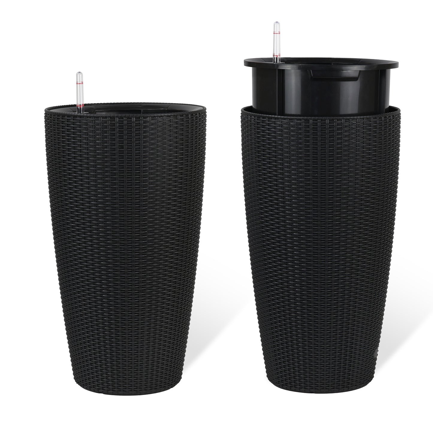Set of 2 Faux Rattan Tall Planters Outdoor Indoor Large Planters with Water Level Monitor Inner Bucket, Automatic Watering, Flower Plant Pots for Garden, Patio, Porch, Backyard (Black, 22 inch) image 11