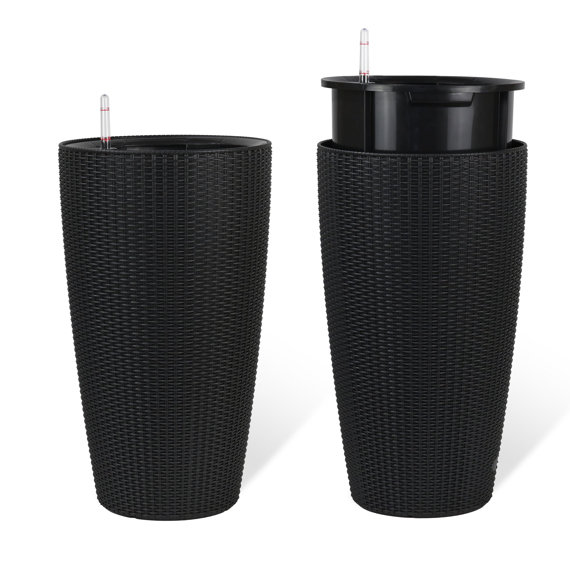 Set of 2 Faux Rattan Tall Planters Outdoor Indoor Large Planters with Water Level Monitor Inner Bucket, Automatic Watering, Flower Plant Pots for Garden, Patio, Porch, Backyard (Black, 22 inch) image 11