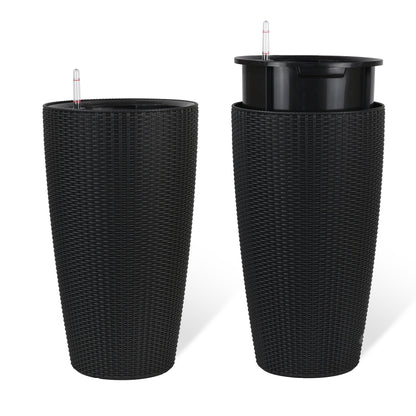 Set of 2 Faux Rattan Tall Planters Outdoor Indoor Large Planters with Water Level Monitor Inner Bucket, Automatic Watering, Flower Plant Pots for Garden, Patio, Porch, Backyard (Black, 22 inch) image 11