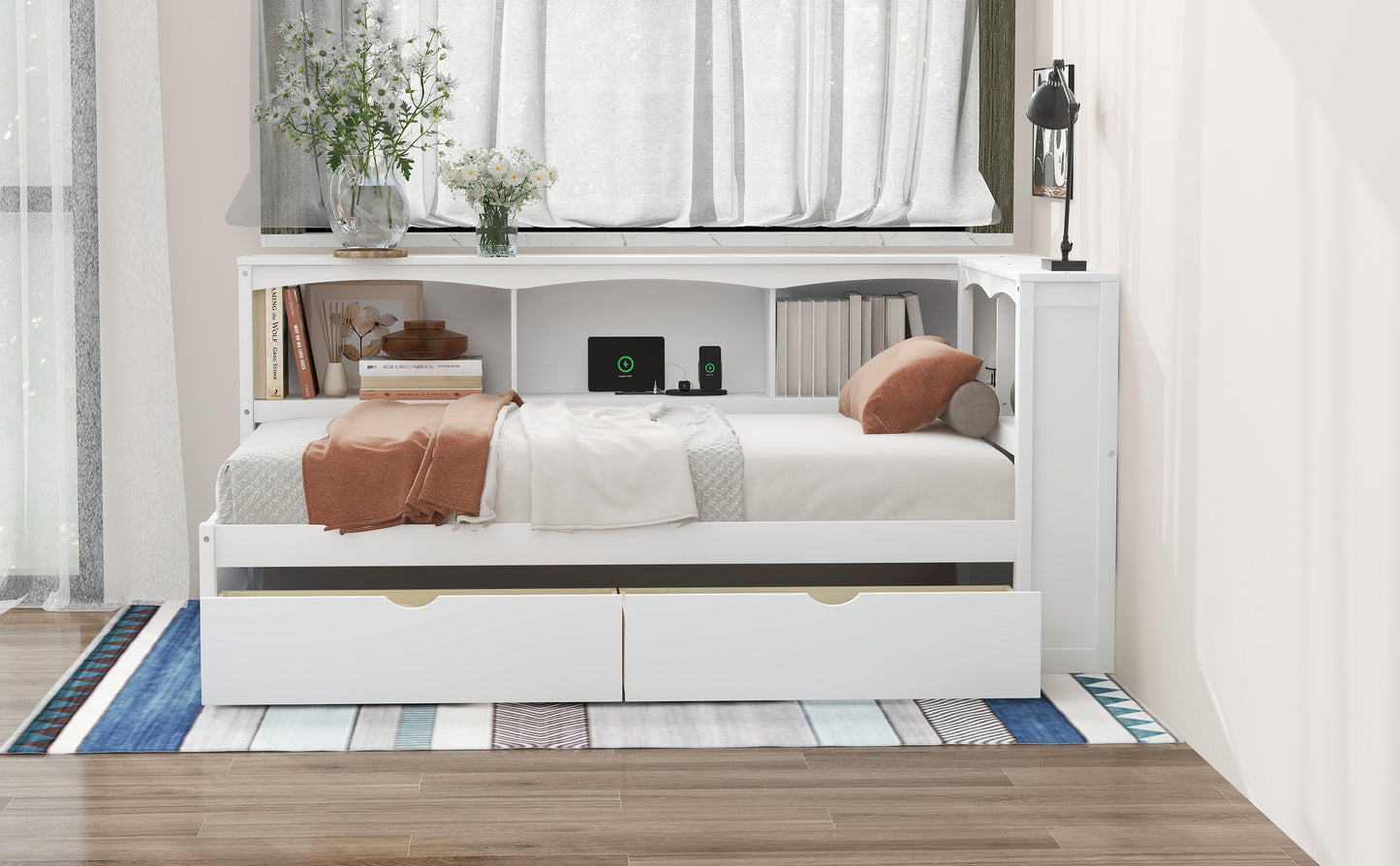Twin Size Daybed with Two Storage Drawers, Storage Cabinets and USB Ports, White image 4