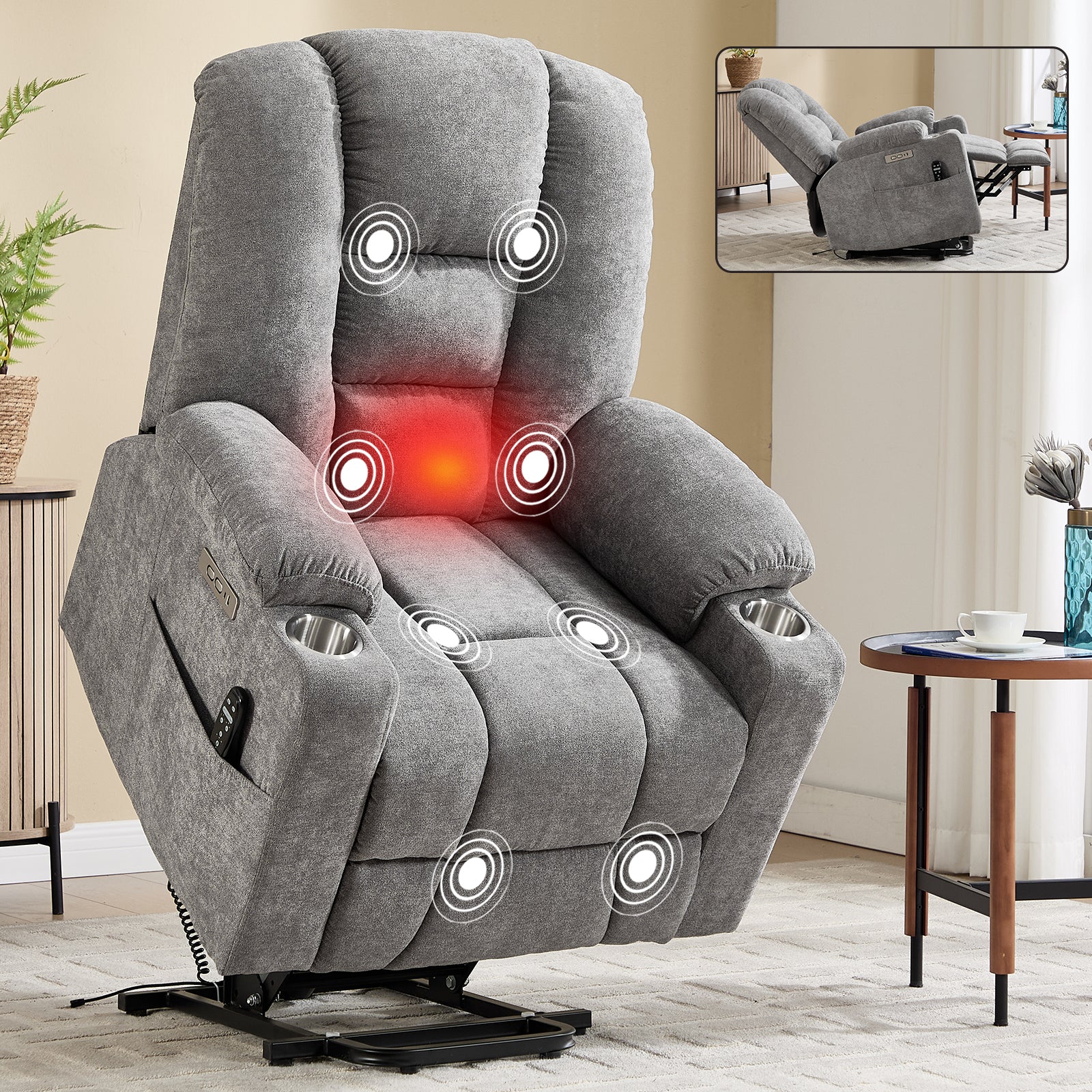Power Lift Recliner Chair with Massage and Heat for Elderly, Overstuffed Wide Recliners, Heavy Duty Motion Mechanism with USB and Type C Ports, 2 Steel Cup Holders, Light Grey image 10
