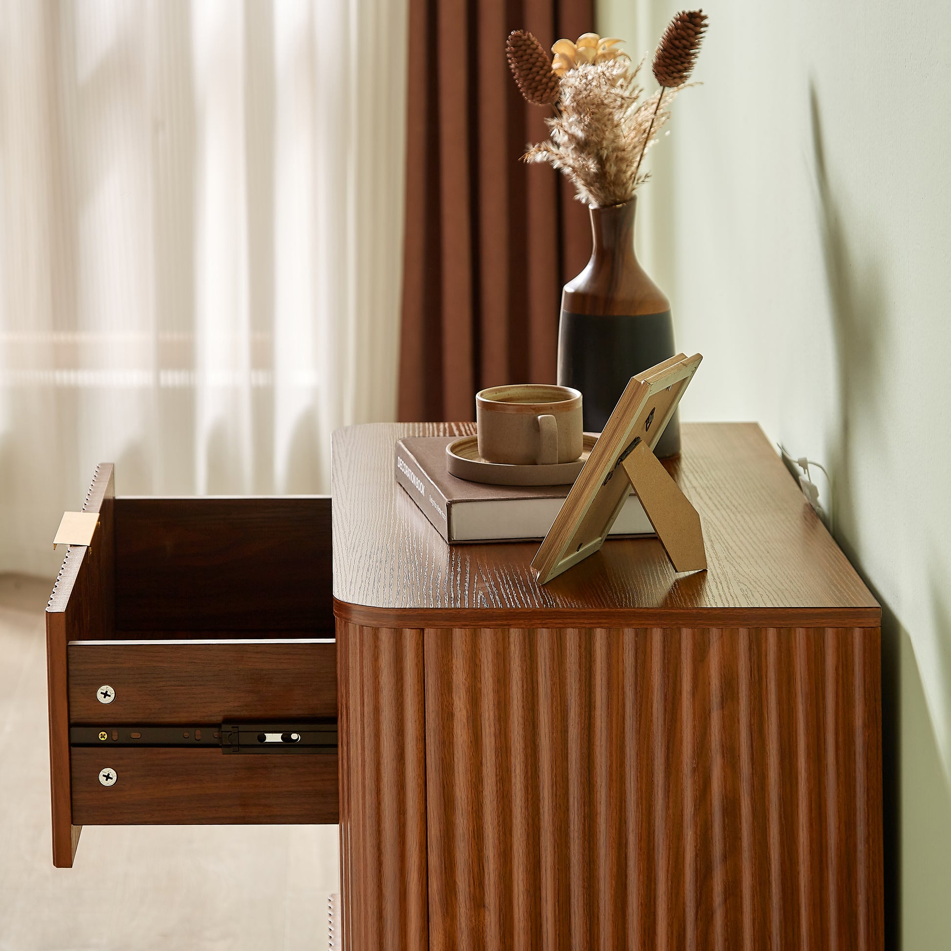 3 Drawers Nightstand Set of 2, 23.6'' Wide Modern Chest of Drawers Curved wave Design, Nightstand, Wood Drawer Organizer for Bedroom, Living Room, Hallway, Walnut,23.6''W x 15''D x 25.2''H. image 7
