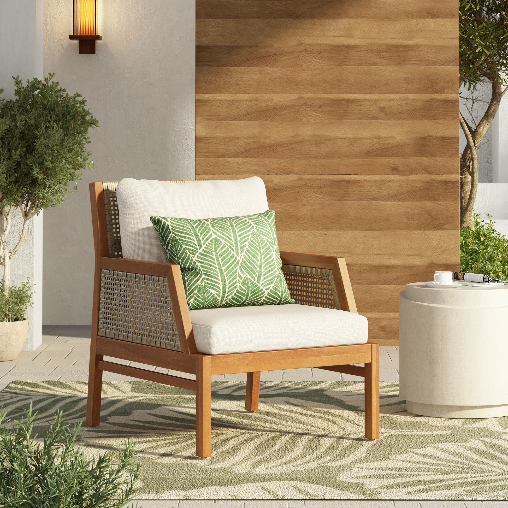 Acacia Wood Patio Furniture Club Chair, Outdoor Wicker Armchair, Deep Seating with Soft Cushions for Porch, Garden, Backyard, Balcony, Teak & Mix Brown & Cream image 1