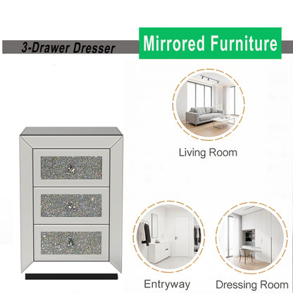 Mirrored Nightstand 3 Drawer, Silver Mirror Finish Bedroom Side Table with Crystal Handles for Living Room, Apartment, Office. Silver. image 8