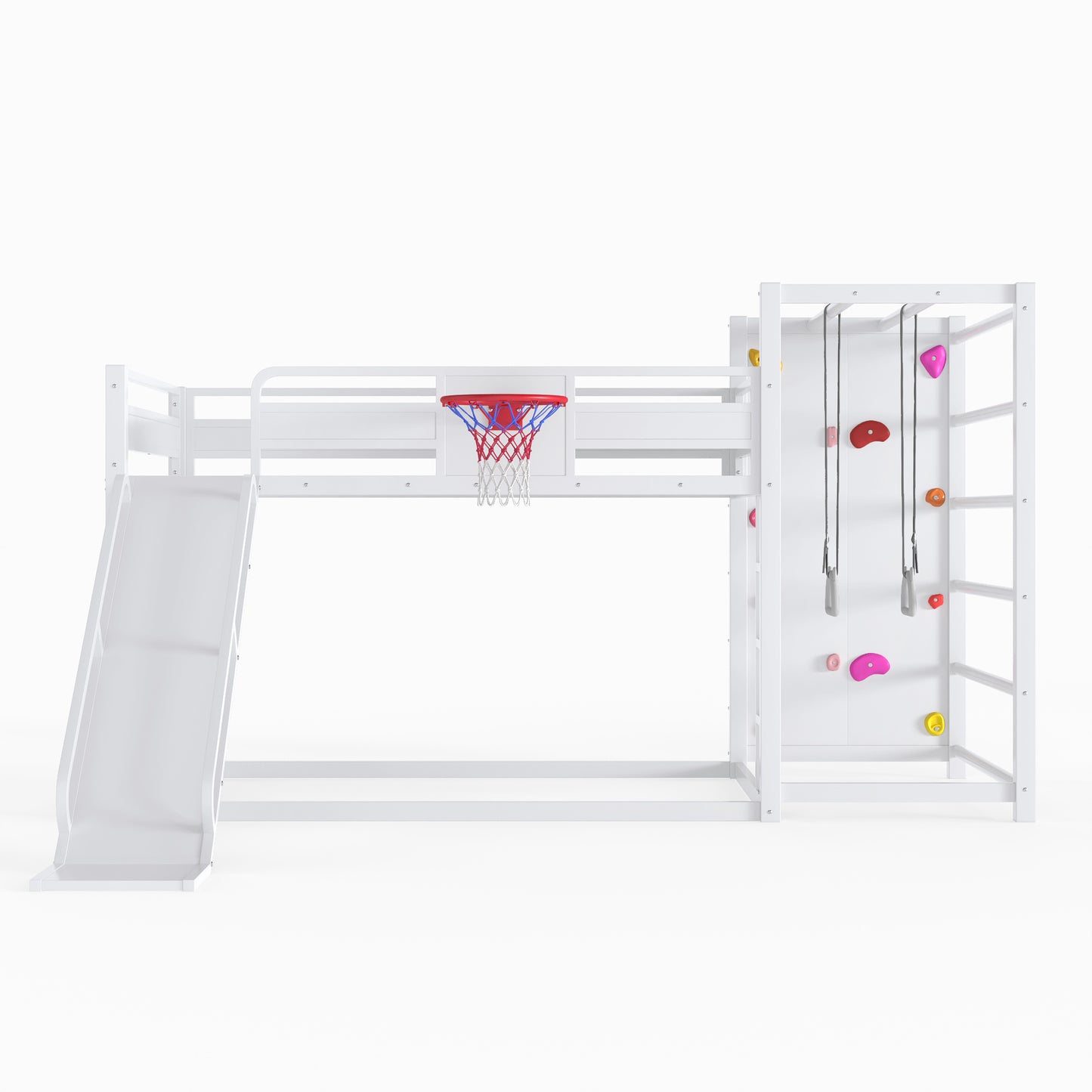 Full size metal loft bed with basketball hoop, pull-up rings, climbing wall, and built-in bookshelves. Playful children's design featuring a slide,White image 7
