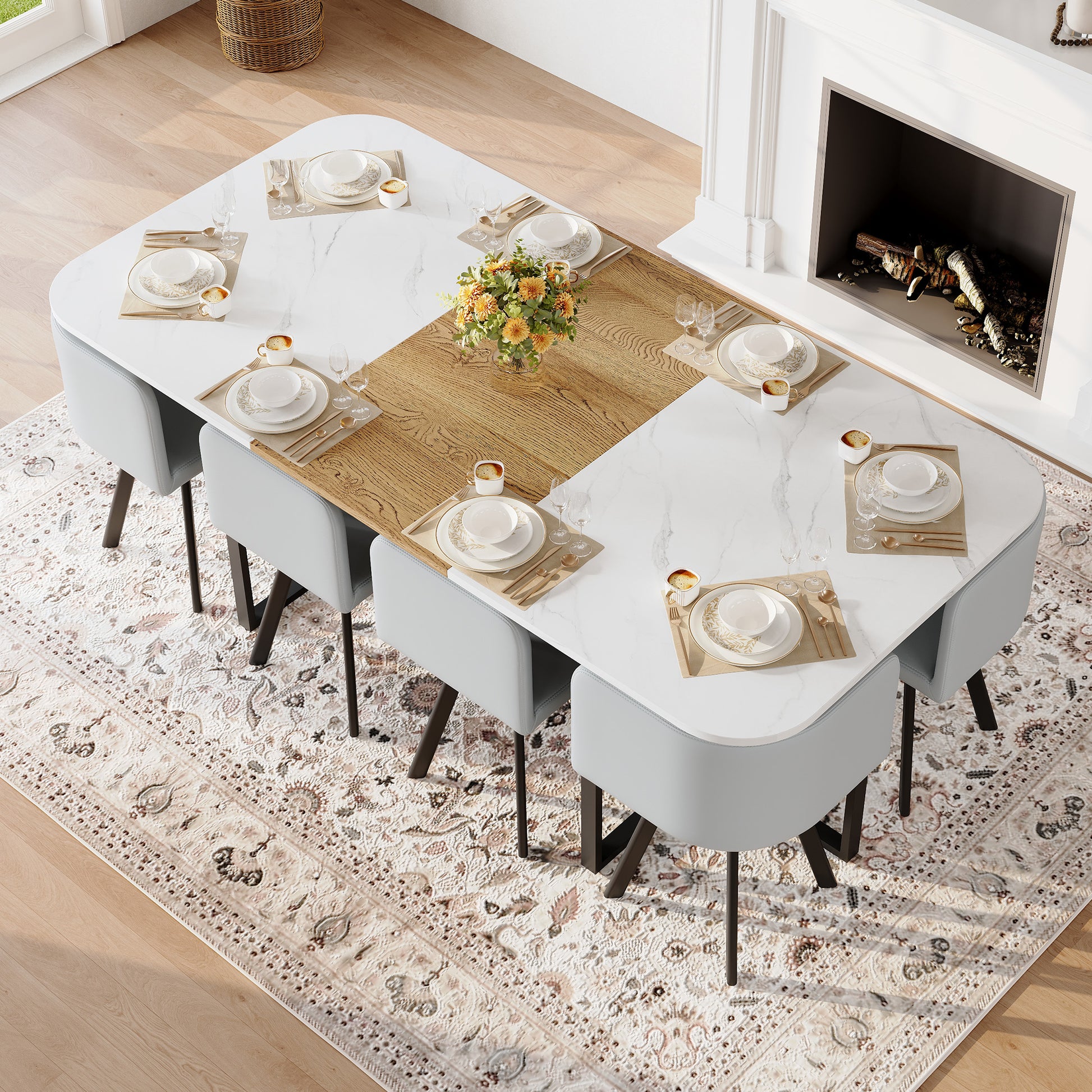 9-Piece Square Dining Table Set, Fixed White Faux Marble & Wood Grain Triamine Tabletop with 8 Gray PU Leather Chairs, Modern Kitchen Table Set for 8 People, Ideal for Family Gatherings, Dining Room image 4