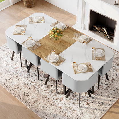9-Piece Square Dining Table Set, Fixed White Faux Marble & Wood Grain Triamine Tabletop with 8 Gray PU Leather Chairs, Modern Kitchen Table Set for 8 People, Ideal for Family Gatherings, Dining Room image 4