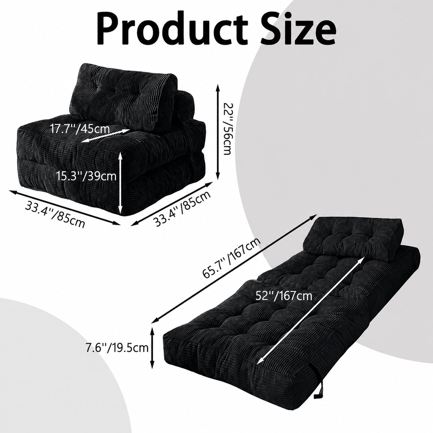 Folding single chair, adjustable and convertible sofa bed, comfortable fluffy lazy sofa in living room, bedroom, apartment, dormitory, black. image 8