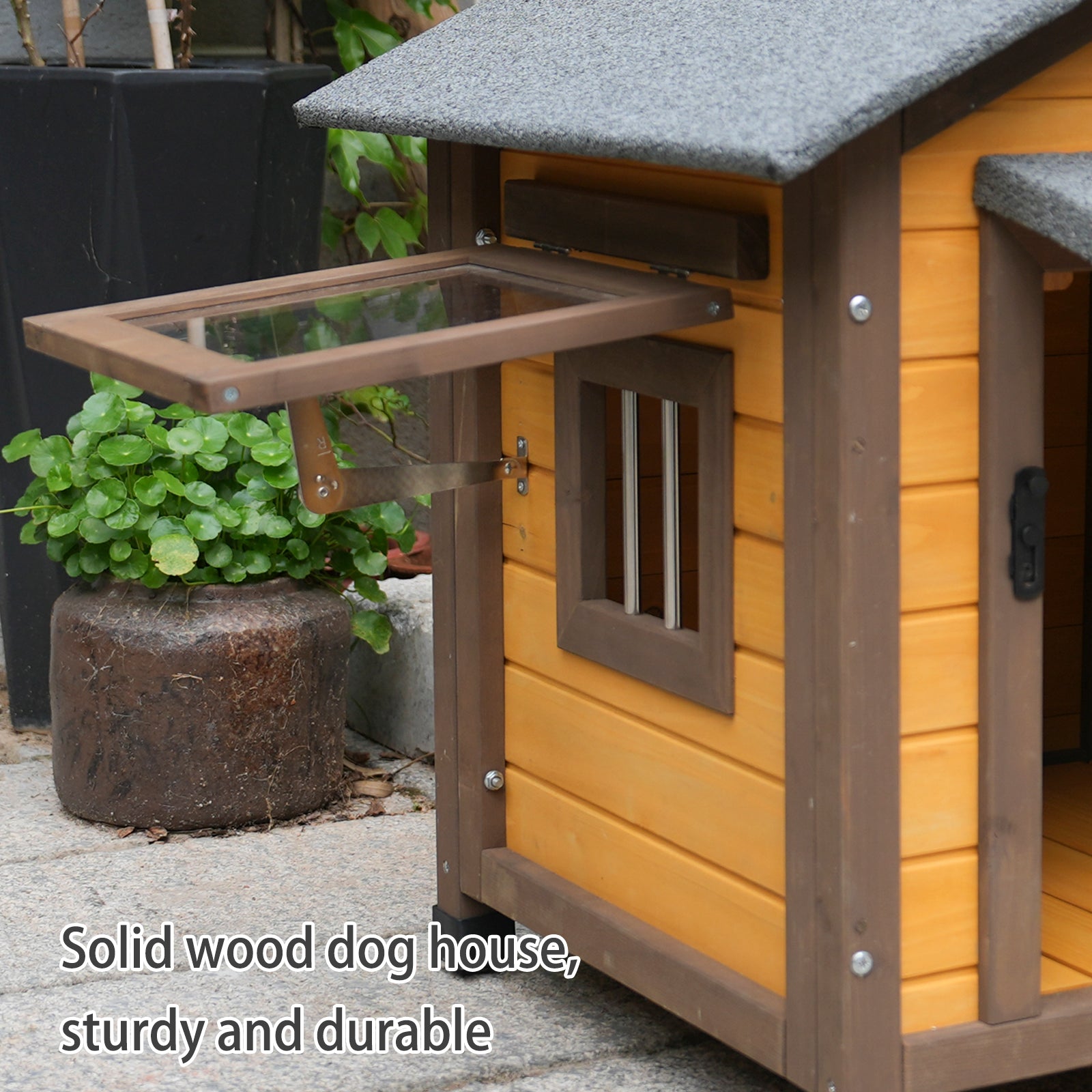 45 Inch Solid Wood Dog House, Cozy Outdoor Shelter for Medium & Small Dogs with Lockable Ventilated Door, Waterproof Insulated Felt Roof & Charming Design image 4