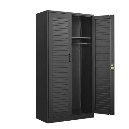 Wide & Deep Metal Storage Cabinet with Hanging Rod,Black Broom Closet Storage Cabinet with Lock, Tall Wardrobe Cabinets with Doors and Shelves,Locking Steel Tool Cabinets for Home,Office,Garage image 4