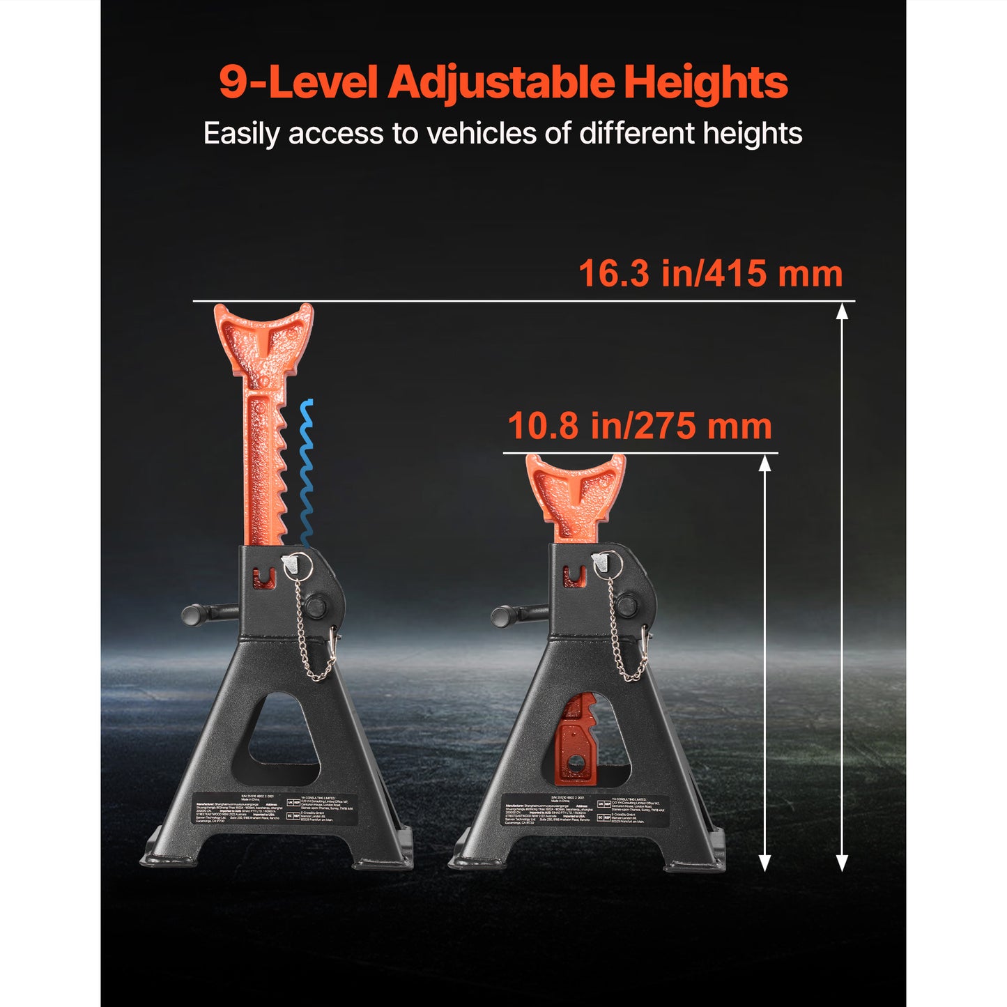 Jack Stands, 3 Ton (6,600 lbs) Capacity, 10.8-16.3 in Adjustable Height, Heavy Duty Steel Jack Auto Stands with Double Locking, for Lifting SUV, Pickup, Car, UTV/ATV, 1 Pair, Black and Orange image 5
