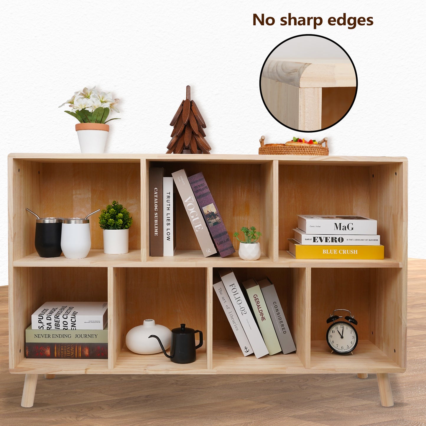 Solid Pine Wood 7-Compartment Storage Cabinet, 45.5"L x 29.1"H Fixed Shelves Organizer for Books/Toys/Home Décor, Modern Wooden Shelf,Multi-Compartment Cabinet for Home/Office image 3