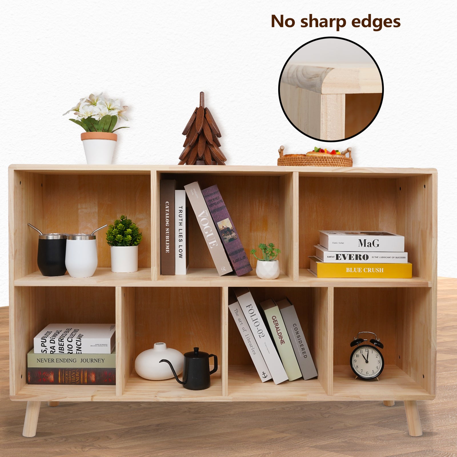 Solid Pine Wood 7-Compartment Storage Cabinet, 45.5"L x 29.1"H Fixed Shelves Organizer for Books/Toys/Home Décor, Modern Wooden Shelf,Multi-Compartment Cabinet for Home/Office image 3