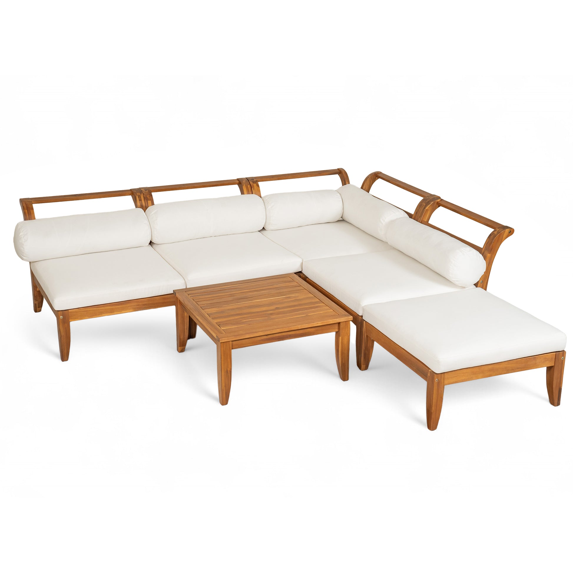 TOPMAX 6 Piece Patio Sofa Set, Acacia Wood Outdoor Modular Sectional Garden Furniture Set L-Shaped Conversation Set, Convertible Daybed with Tea Table, Ottoman, 5 Cushions and Pillows, Teak+Beige image 12