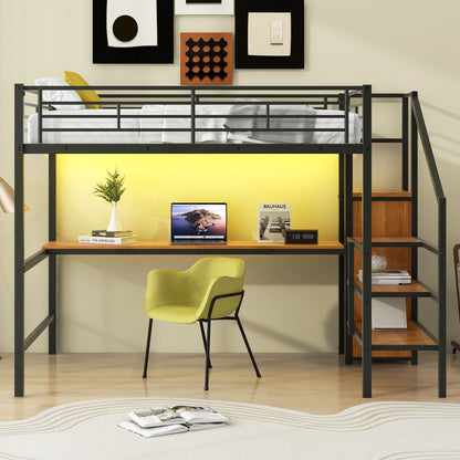 Full Size Metal Loft Bed with Desk, Storage Staircase, Small Wardrobe and LED Light,Black image 2