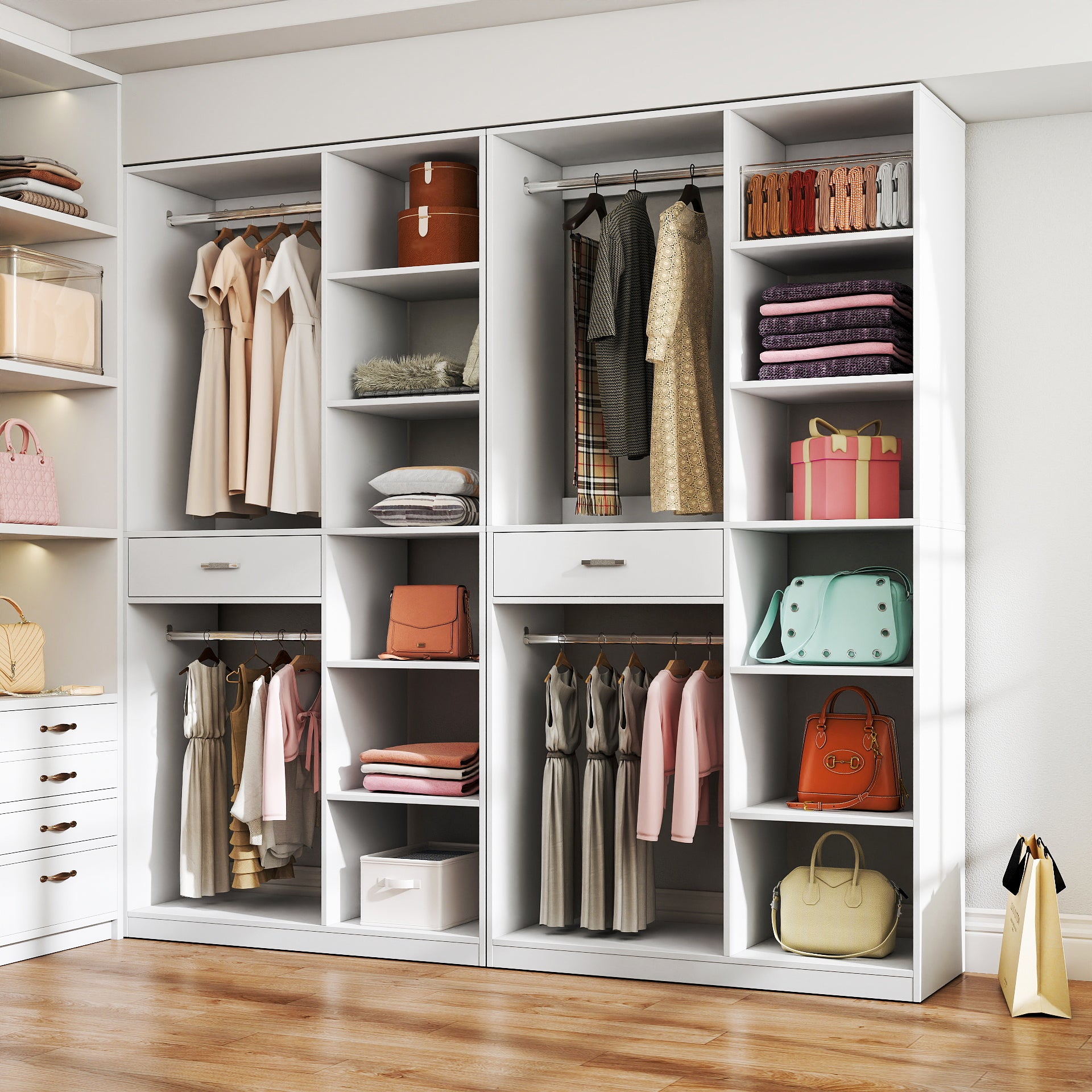 Freestanding Closet System, Stand-Alone Wardrobe with 6 open Shelves,74.8'' Heigh Closetwith 1 Wood Drawers, Wood Walk-in Closet with 2 Hanging Rod, White image 4