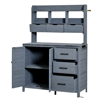 (With Assembly Video) TOPMAX Farmhouse Patio Potting Bench, 44.6''x19.5'' Large Freestanding Garden Workstation with 6 Drawers, Bottom Cabinet and Side Hook, Outdoor Kitchen Island, Gray image 10