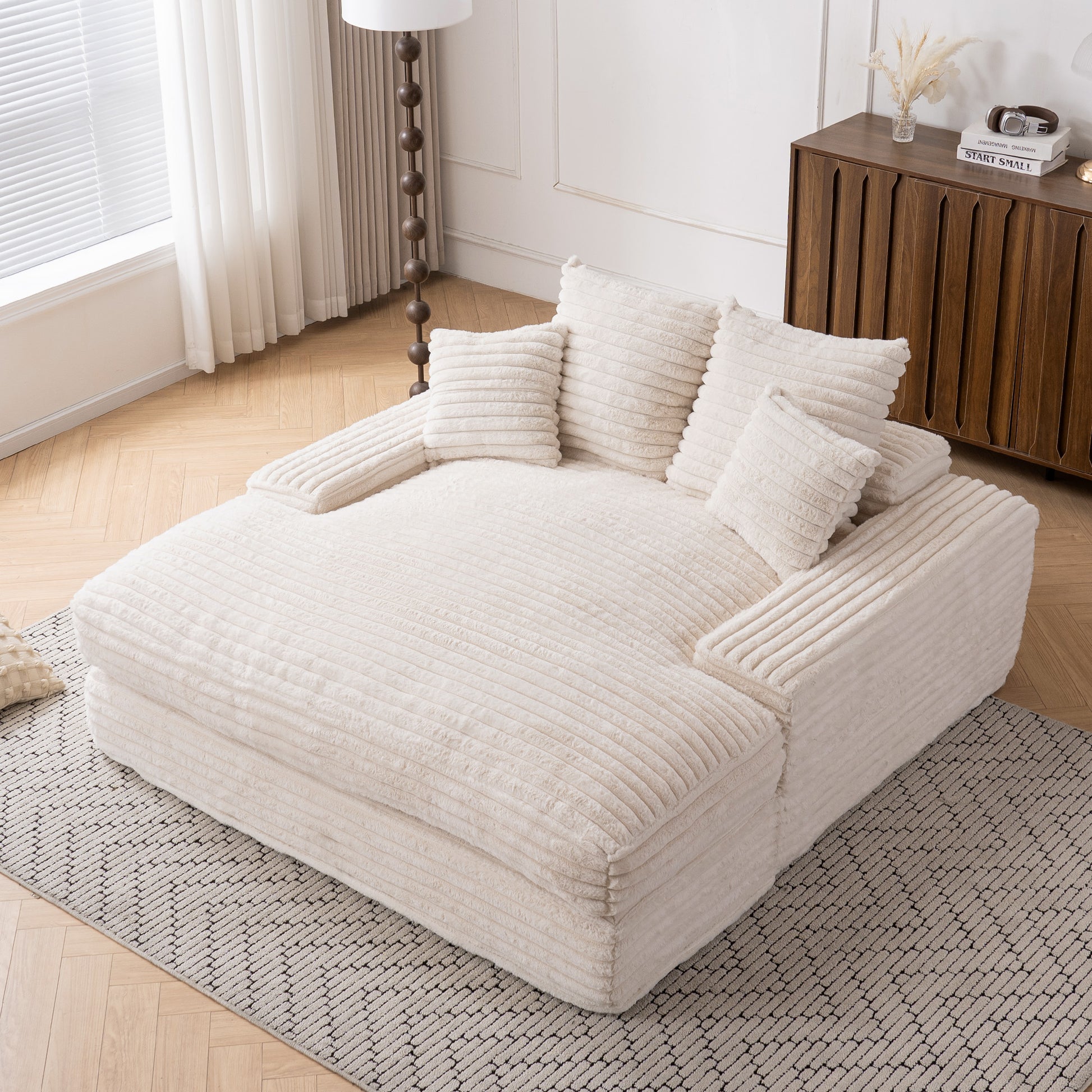 028-Oversized chaise Lounge chair, Upholstered Sleeper Sofa Bed with 4 Throw Pillows and Armrests, Corduroy Fabric Plush Lounge Chair Bed for Living Room, Apartment & Small Spaces, Beige image 1