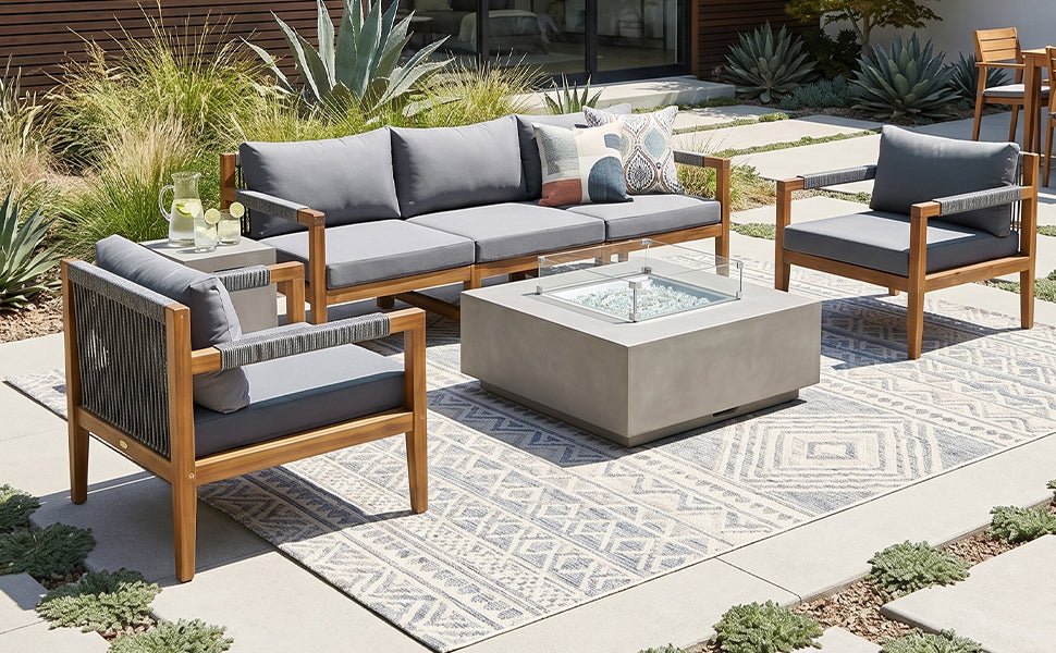 3 Pieces Outdoor Sectional Sofa Set, Rope Woven Patio Conversation Set with Solid Acacia Wood Frame, Water-Resistant Removable Cushions for Backyard, Deck and Poolside, Grey image 5
