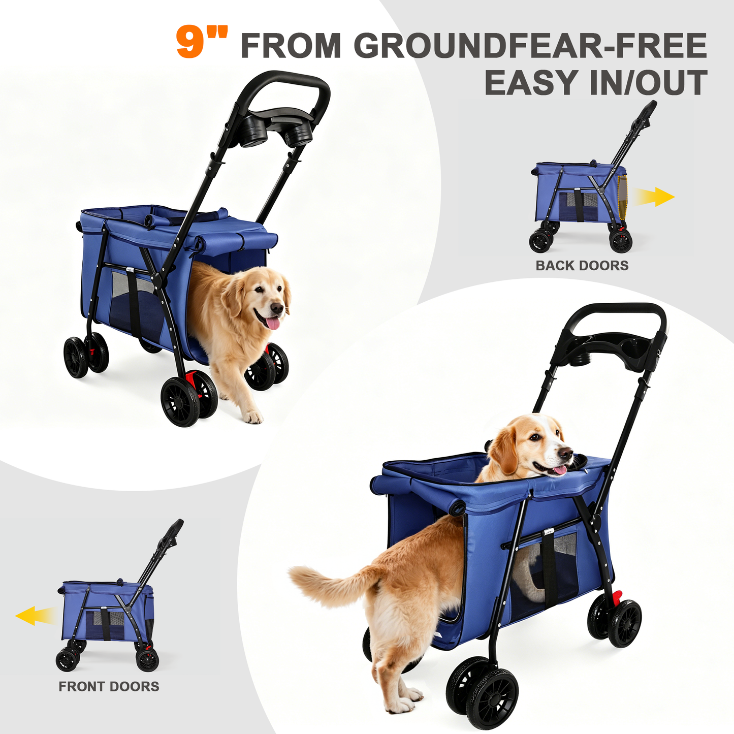 Pet Stroller, Foldable 4-Wheel Design, Breathable Mesh Dog Cat Stroller with Shockproof Wheels, Brake System, Storage Tray, 2 Fixed Safety Leashes, Large Space for Small Medium Pets, Navy Blue image 6