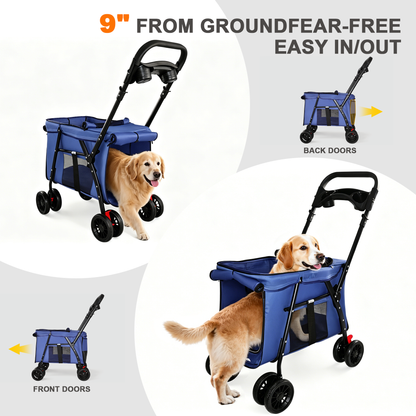 Pet Stroller, Foldable 4-Wheel Design, Breathable Mesh Dog Cat Stroller with Shockproof Wheels, Brake System, Storage Tray, 2 Fixed Safety Leashes, Large Space for Small Medium Pets, Navy Blue image 6
