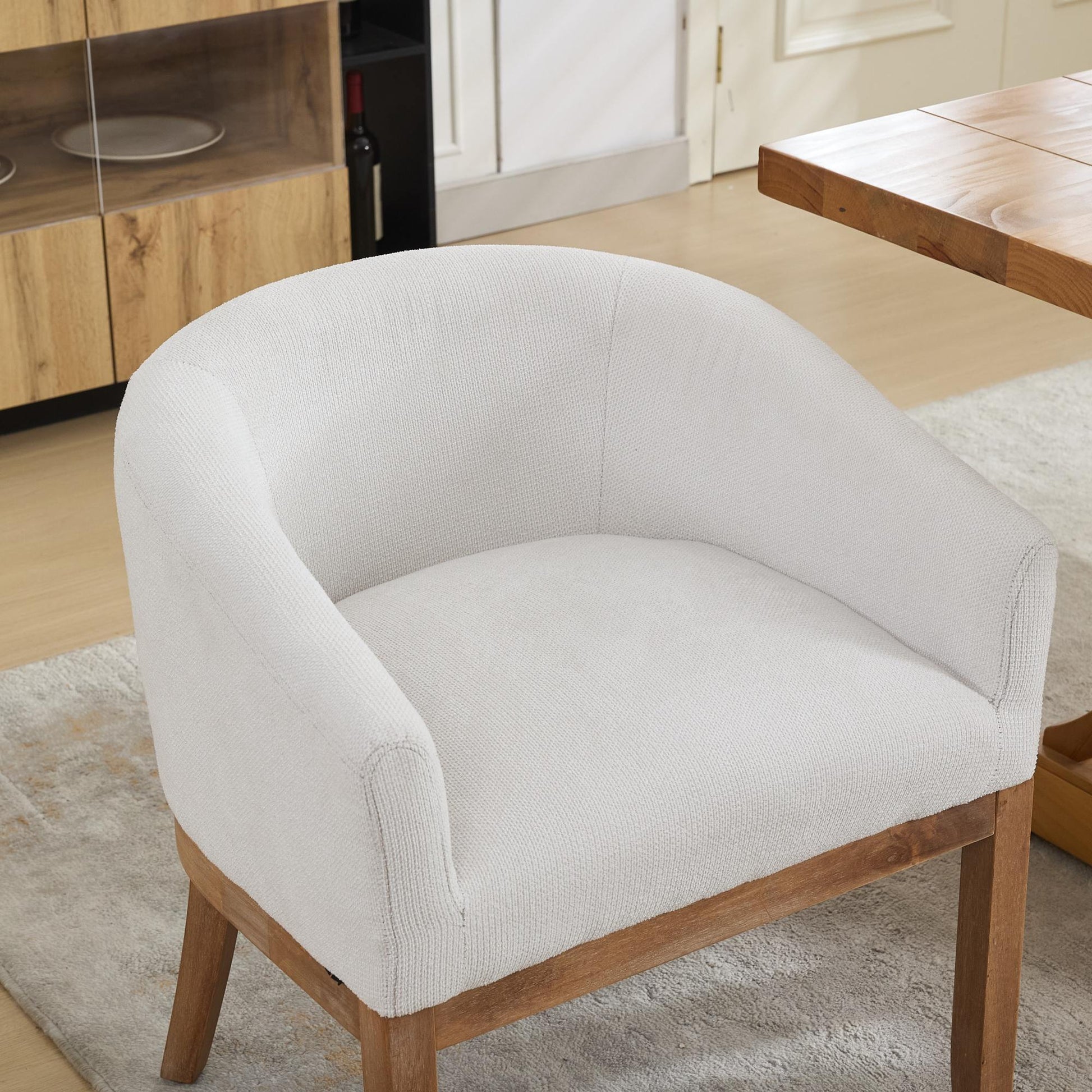 Mid Century Modern Upholstered Barrel Dining Chairs with Arms,Farmhouse Linen Kitchen & Dining Room Chairs with Natural Hardwood Frame, 19" W Accent Chairs for Living Room,Single Pack,Beige,SW1891BG image 9