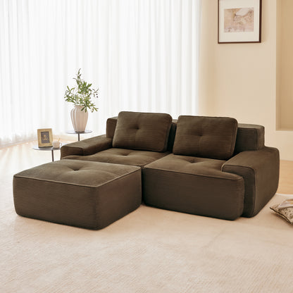 82" Modern L-Shaped Modular Sectional Sofa for Living Room, Corduroy Fabric, 2-Seater Couch with Deep Seat and Movable Ottoman, Pearl-like piping, Tufted Design, No Assembly, Anti-slip Design​, Brown image 2