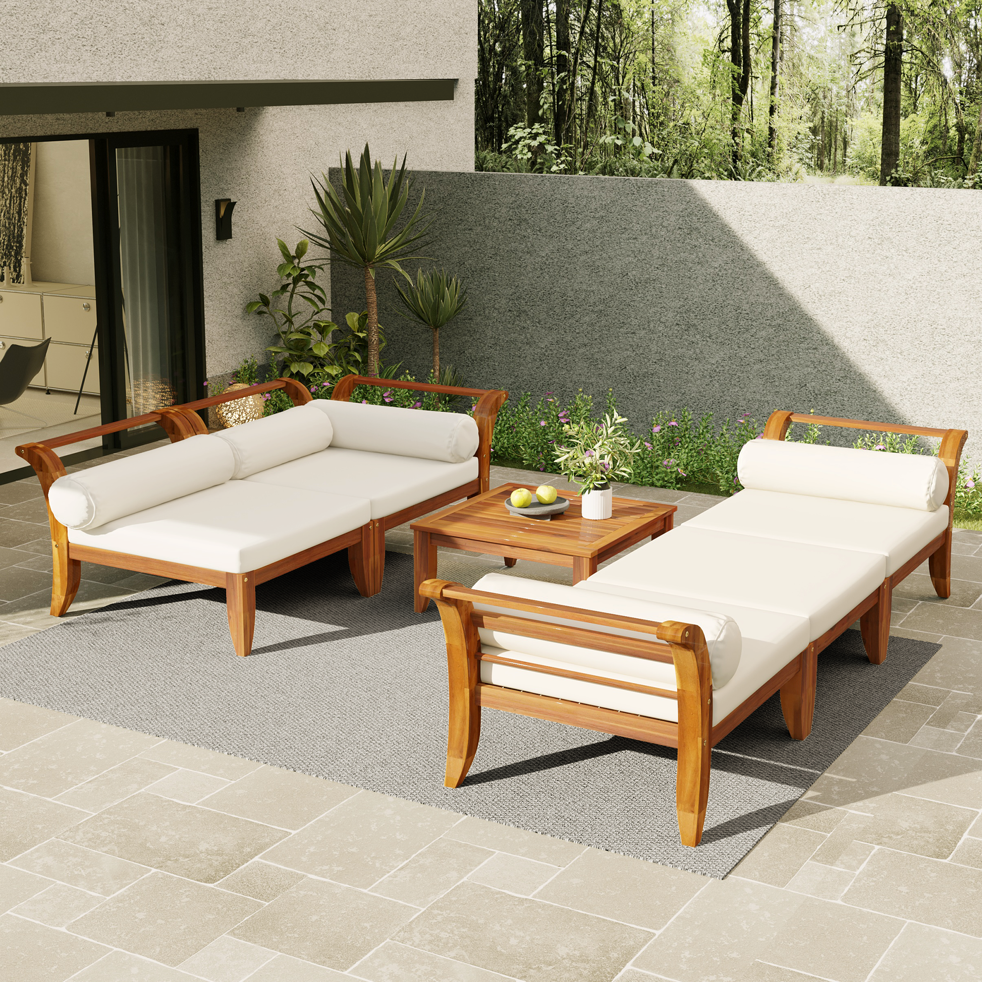 TOPMAX 6 Piece Patio Sofa Set, Acacia Wood Outdoor Modular Sectional Garden Furniture Set L-Shaped Conversation Set, Convertible Daybed with Tea Table, Ottoman, 5 Cushions and Pillows, Teak+Beige image 6