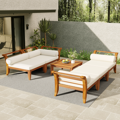 TOPMAX 6 Piece Patio Sofa Set, Acacia Wood Outdoor Modular Sectional Garden Furniture Set L-Shaped Conversation Set, Convertible Daybed with Tea Table, Ottoman, 5 Cushions and Pillows, Teak+Beige image 6