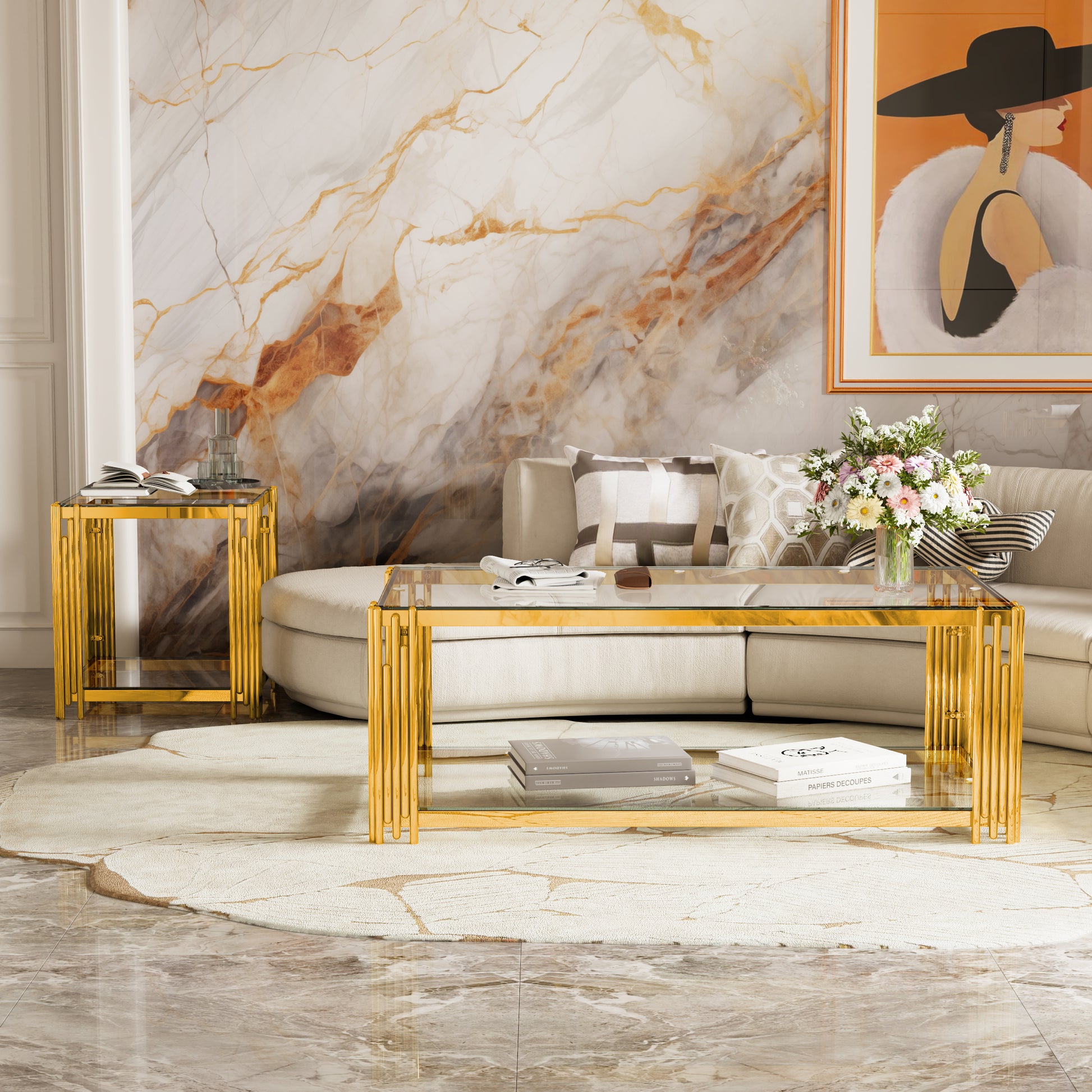 Modern Transparent Glass Coffee Table,Rectangle, Asymmetrical Metal, Gold Finish & Lower Shelf, 47.5" image 3