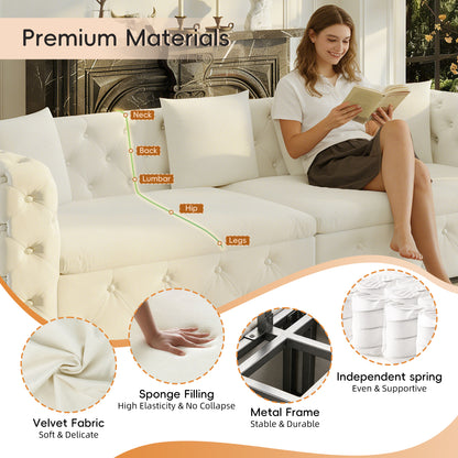 89" Extra Large Multifunctional Sofa Bed, 3-in-1 Pull Out Sofa, 4-Seater Classic Velvet Sofa with Tufted Design, Includes 3 Throw Pillows, Suitable for Apartments and Living Rooms, Beige&White image 7