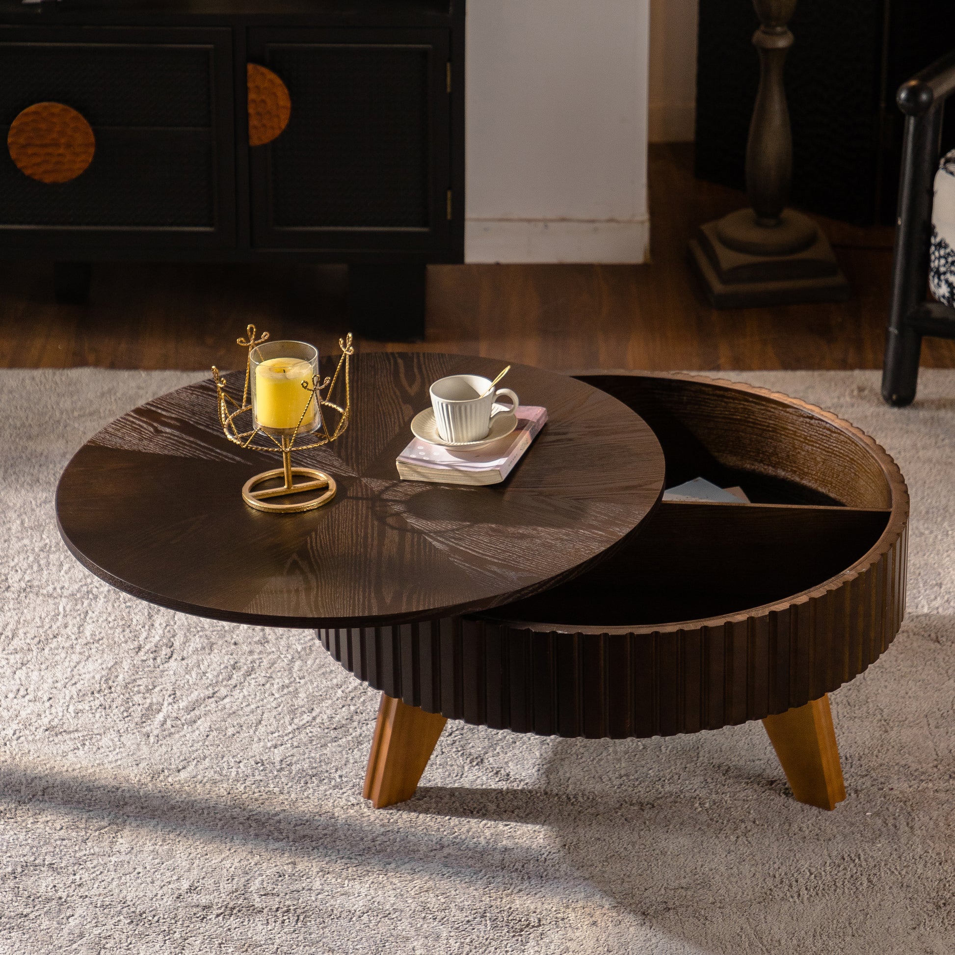 31.5" Retro Round Coffee Table with Storage Space, Suitable for Living Room and Office, Brown image 1