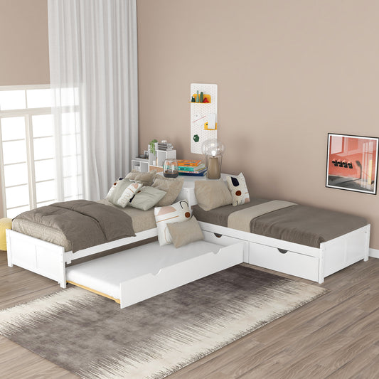 L-shaped Platform Bed with Trundle and Drawers Linked with built-in Desk,Twin,White(Old SKU:SM000916AAK-1) image 1