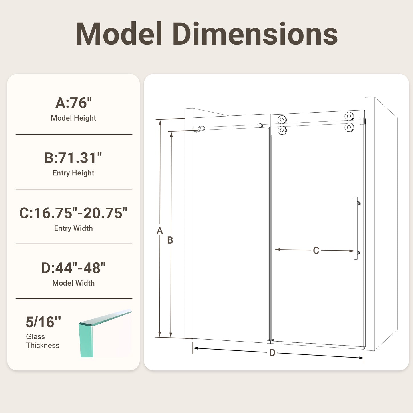 44"-48"W*76" H Frameless Single Sliding Shower Door – 5/16" (8mm) Clear Tempered Glass, Bypass Design with Chrome Finish image 12