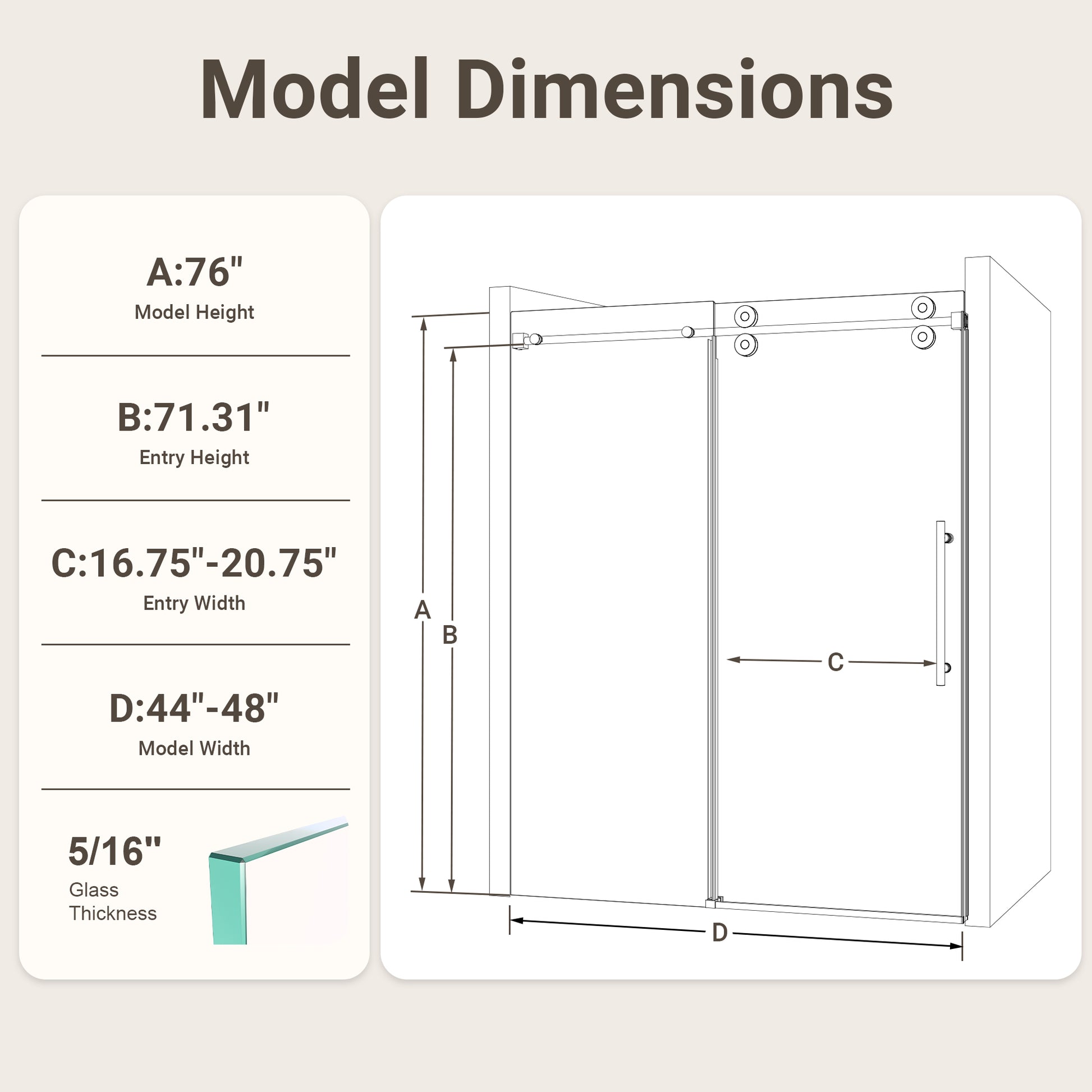 44"-48"W*76" H Frameless Single Sliding Shower Door – 5/16" (8mm) Clear Tempered Glass, Bypass Design with Chrome Finish image 12