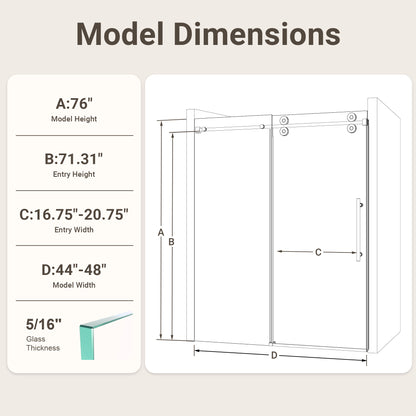 44"-48"W*76" H Frameless Single Sliding Shower Door – 5/16" (8mm) Clear Tempered Glass, Bypass Design with Chrome Finish image 12