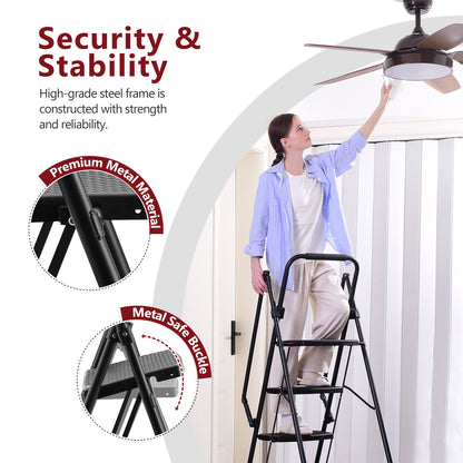 Four step ladder, lightweight folding four step stool, wide anti slip pedal and safety handle, sturdy steel ladder, multi-purpose step ladder, suitable for home, kitchen, and office elevators image 6