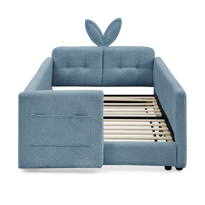 Twin Size Upholstered Platform Bed with Cute Rabbit Ear Shaped Headboard, with Safety Rail and Pocket, Boucle Fabric image 8