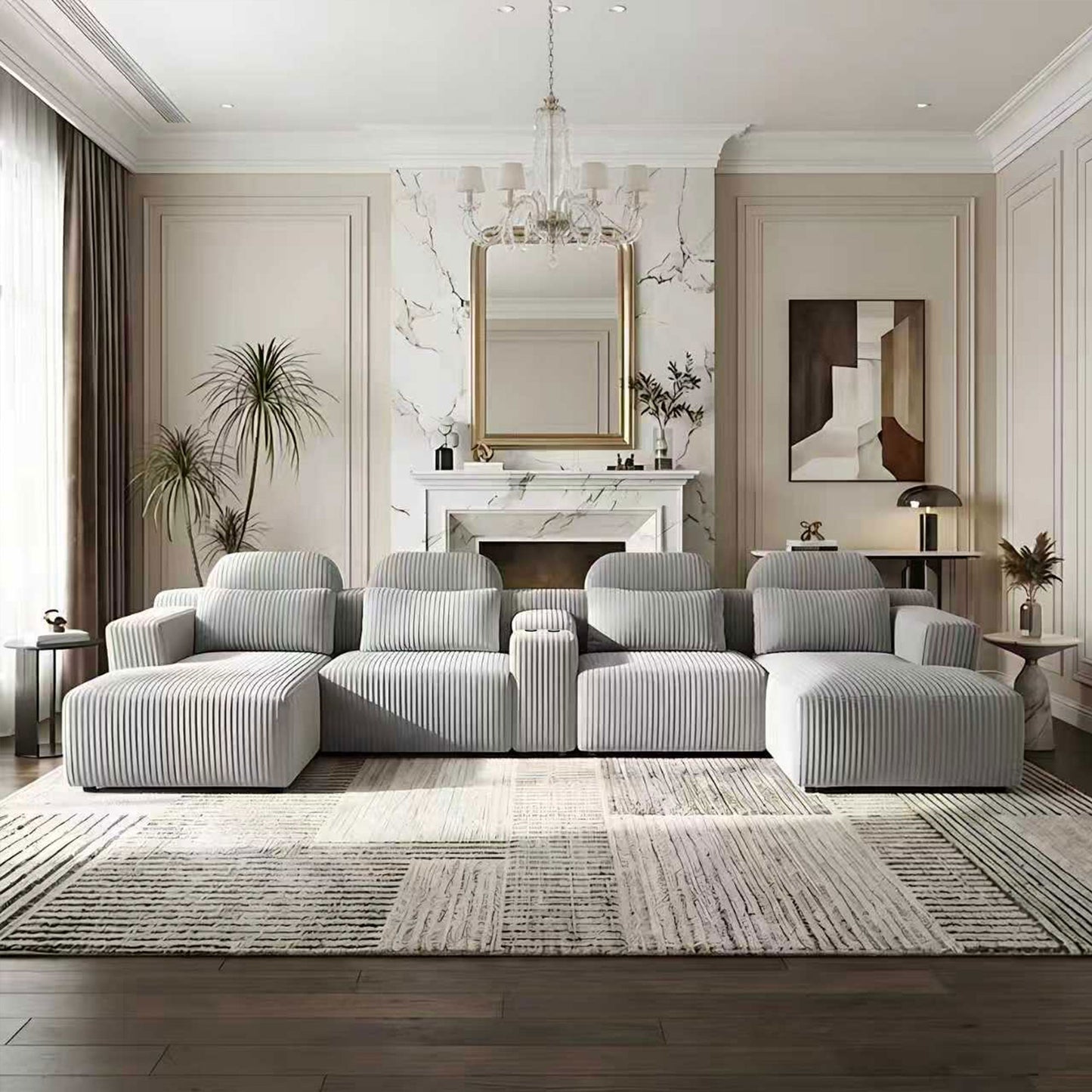 Modern Gray Velvet U-Shaped Velvet Sectional Sofa - 3-Piece Living Room Set with Chaise Lounge & Cup Holders - 145.7"/370cm Extra Large Modular Sofa for Home Theater, Family Room, Luxury Living Space image 1