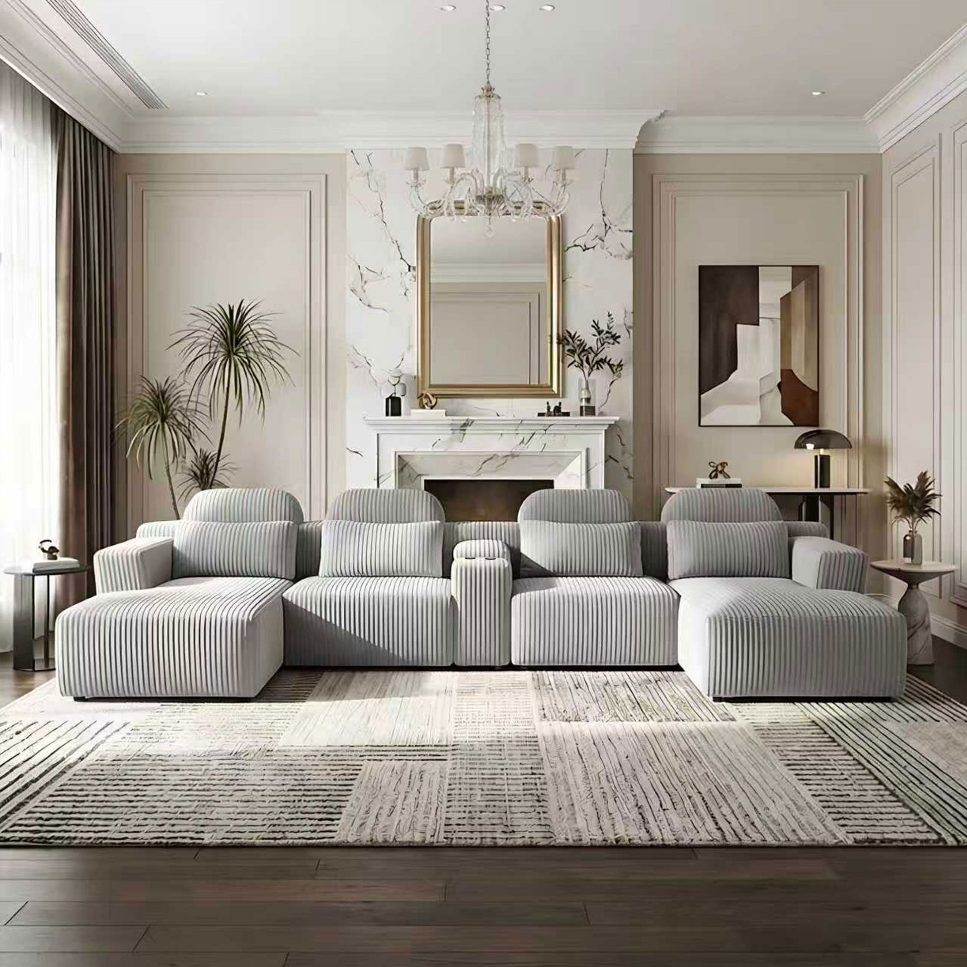 Modern Gray Velvet U-Shaped Velvet Sectional Sofa - 3-Piece Living Room Set with Chaise Lounge & Cup Holders - 145.7"/370cm Extra Large Modular Sofa for Home Theater, Family Room, Luxury Living Space image 1
