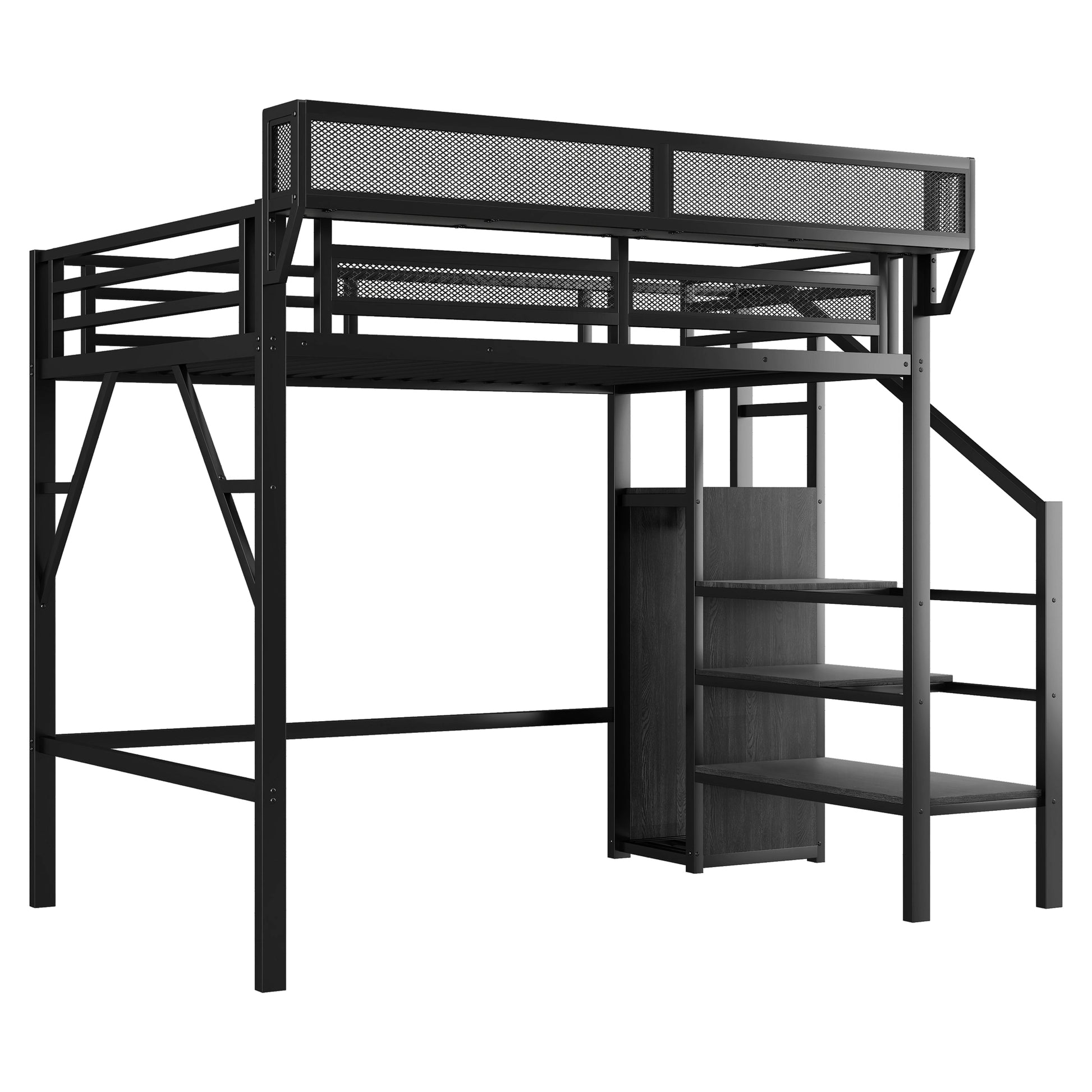 Twin Size Loft Bed with Stairs, Metal Full Loft Bed with Storage Shelves, High Loft Bed with Wardrobe for Kids Teens, Black image 11