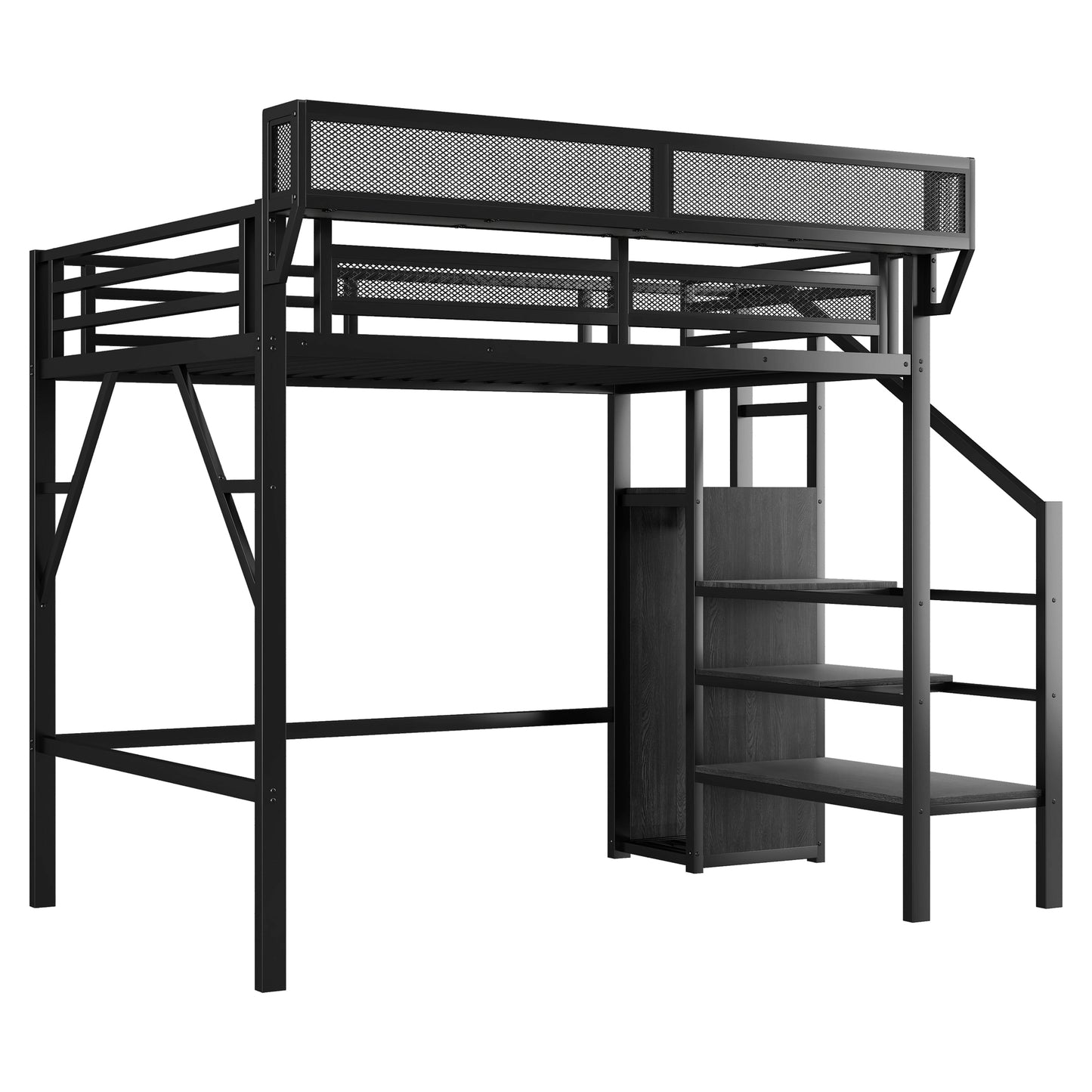 Twin Size Loft Bed with Stairs, Metal Full Loft Bed with Storage Shelves, High Loft Bed with Wardrobe for Kids Teens, Black(OLD SKU W2580S00035) image 11
