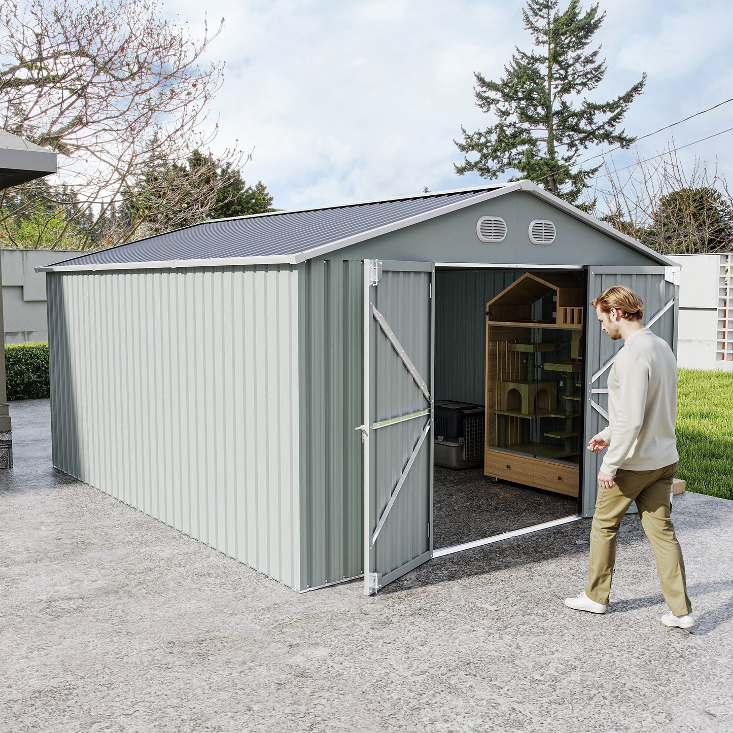 10x12 FT Outdoor Metal Storage Shed, Large Storage Sheds with Sturdy Frame Structure, Metal Garden Tool Shed with Lockable Door for Garden,Gift a foldable flower pot stand, Backyard, WHITE image 8