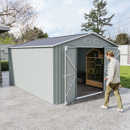 10x12 FT Outdoor Metal Storage Shed, Large Storage Sheds with Sturdy Frame Structure, Metal Garden Tool Shed with Lockable Door for Garden,Gift a foldable flower pot stand, Backyard, WHITE image 8