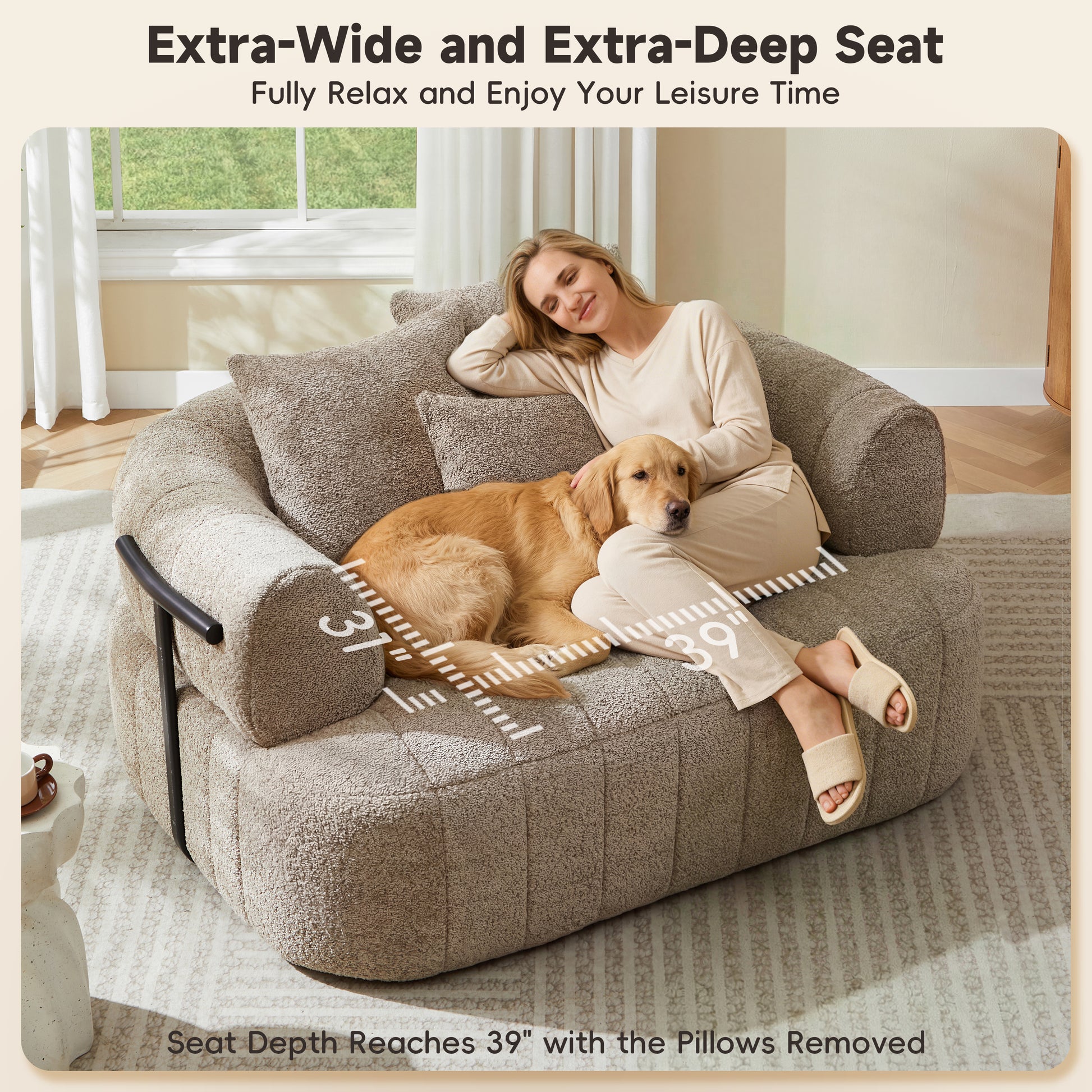 64" Oversized Boneless Chair Chaise Lounge Indoor with Metal Support, Upholstered Boucle Deep Seat Single Cloud Sofa Chair, Cozy Comfy Sofa Bed for Living Room & Bedroom image 9