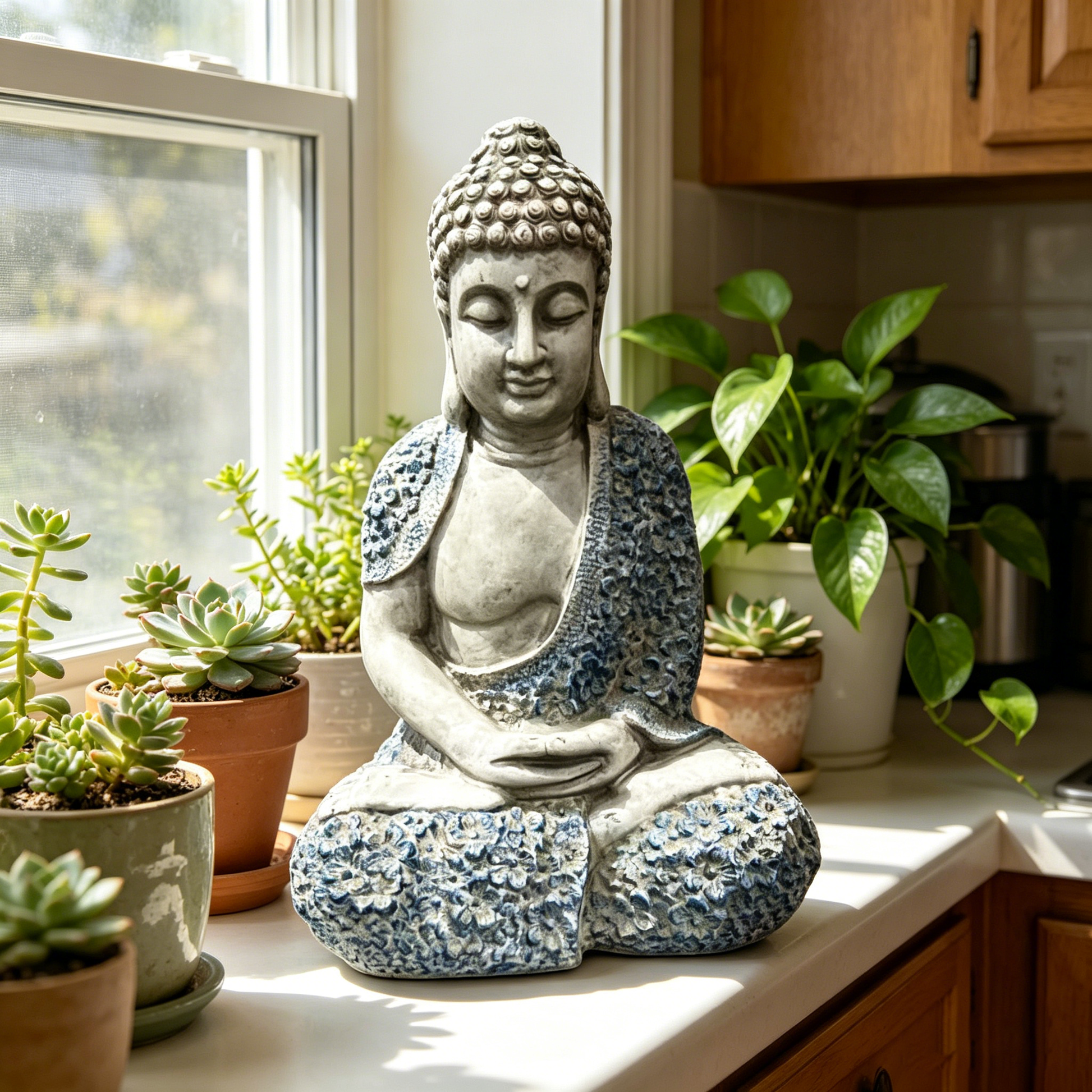 16'' Weatherproof Resin Buddha Garden Statue, Blue Floral Accent Meditating Buddha Figurine, Outdoor Zen Decor for Patio, Yard, Lawn & Landscape image 4